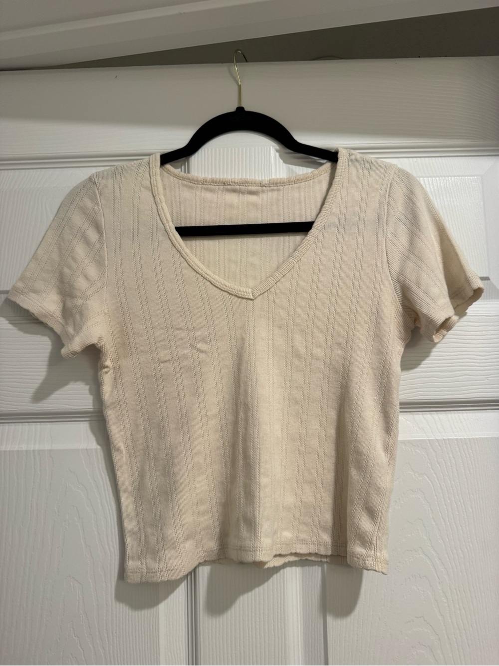 V-Neck Short Sleeve Knit Top - Cream
